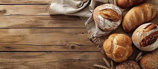 Various freshly baked breads displayed on a beige kitchen towel against a wooden background captured from above with room for copy space image