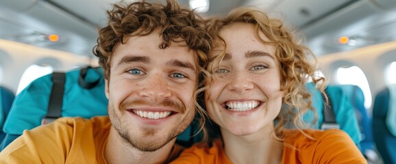A Young Couple In Flight, Excited To Go On Vacation