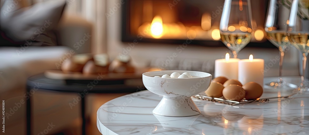 Poster white marble table with a fondue set providing copy space image