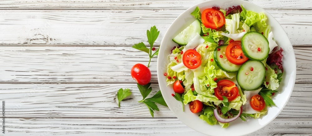 Poster Top down view of a tasty salad comprising Chinese cabbage tomatoes and cucumber with dressing presented on a white wooden surface for a copy space image opportunity