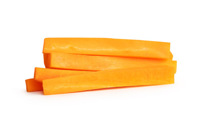 Side view of fresh orange carrot slices or pieces in stick shape in stack isolated on white background with clipping path