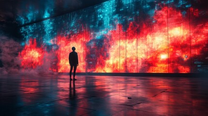 Fototapeta premium Silhouette of a person facing a massive digital wall with fiery display - generative ai