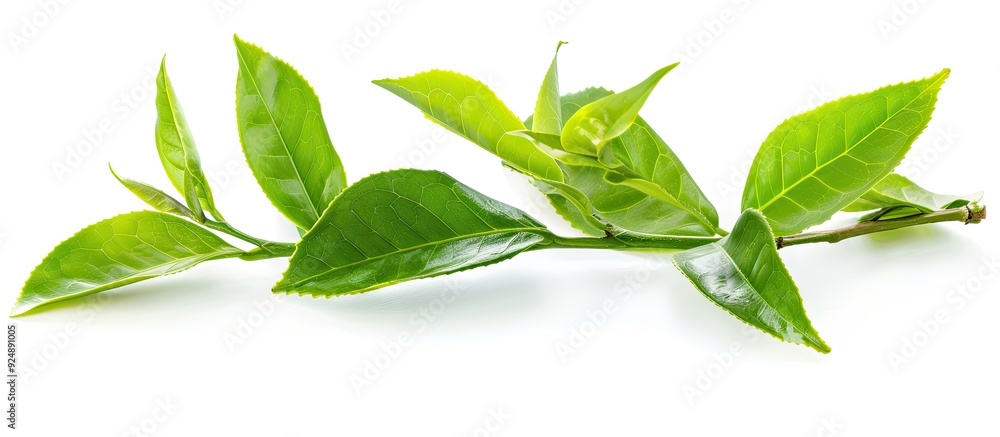 Aufkleber Fresh young green tea leaves branch on white background ideal for food concepts with clipping path and copy space image