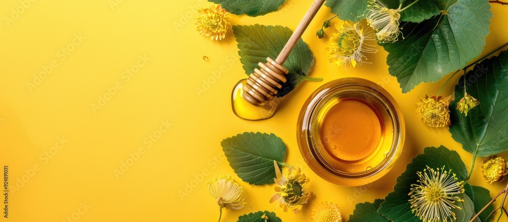 Poster top view of linden honey with leaves flowers and copy space image on a colorful background