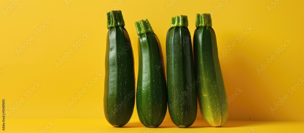 Aufkleber copy space image featuring ripe zucchini set against a yellow backdrop in a close up view