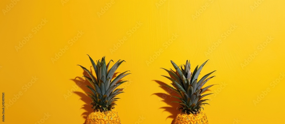 Poster Two pineapples placed at the edges of a bright background creating a copy space image in between the fruits