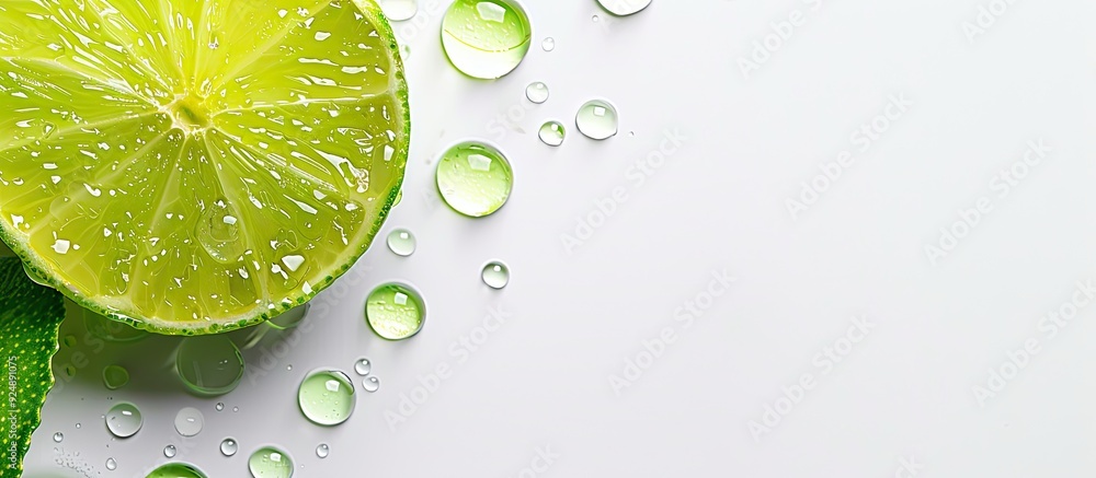 Poster Lime slice with droplets of water on a white background providing ample copy space image