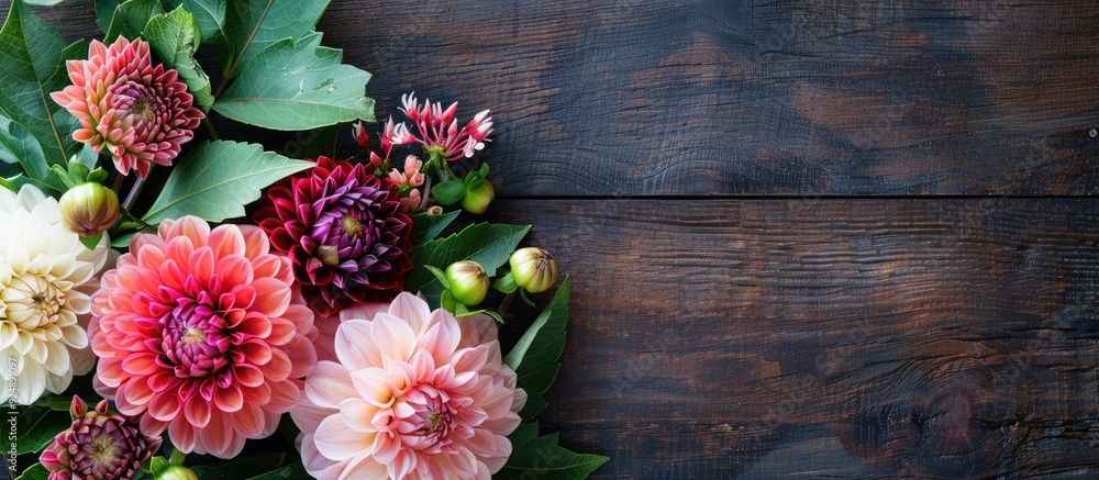 Aufkleber top view copy space image of a garden flower bouquet featuring dahlias and lavaters on a floral gree