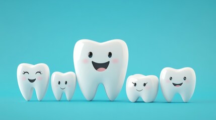 Obraz premium Happy teeth family smiling on blue background is promoting oral health