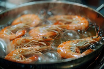 Giant tiger prawns cooking in a pan with steam rising up from them