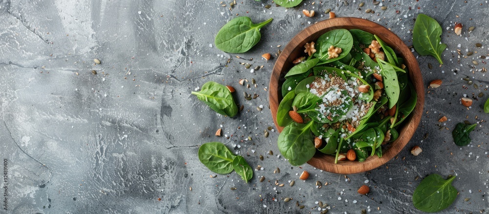 Poster a wooden bowl filled with fresh spinach leaves sea salt and a mixture of seeds and nuts forming a wh