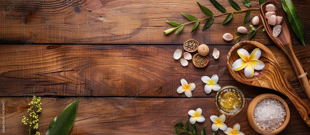 Aufkleber Spa composition displayed on a wooden table with copy space image
