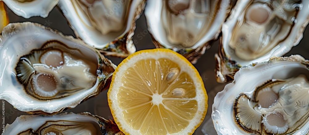 Aufkleber Raw oysters presented with a lemon slice in a copy space image