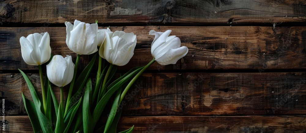 Aufkleber tulips in white bloom against a rustic wooden backdrop with copy space image