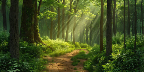 Obraz premium Forest Retreat: Tranquil Woodlands and Towering Trees - Picture a background featuring dense forests, winding trails, and sunlight filtering through the canopy