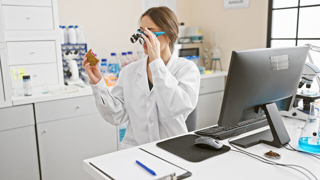 A woman scientist examines geology sample with loupe in modern laboratory