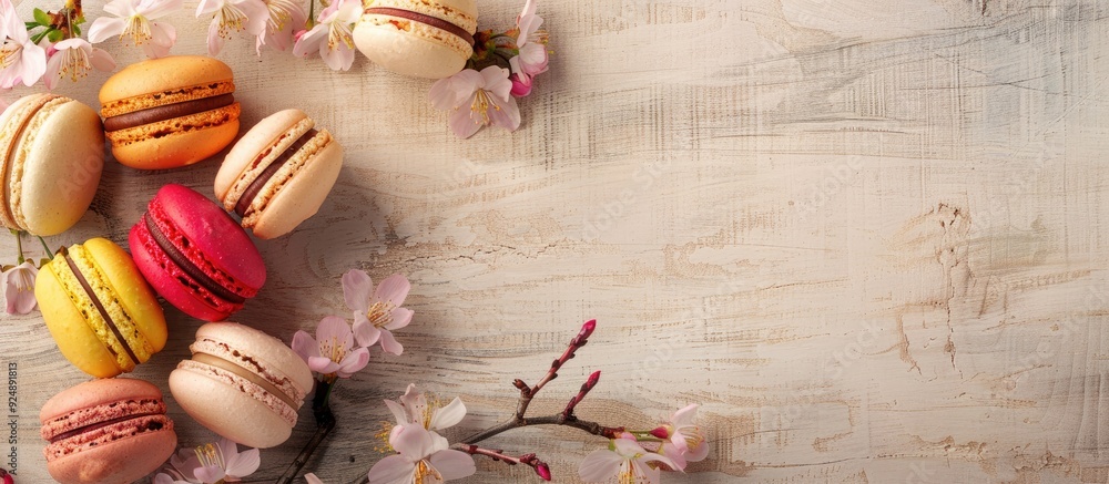 Poster Various macaroons set against a light wooden backdrop with cherry branches providing a charming and colorful copy space image