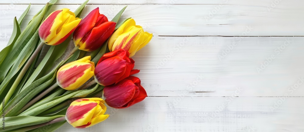 Poster red and yellow tulip bouquet on a white table top view suitable for mock up designs with copy space 