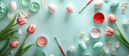 Easter themed flat lay with painted eggs a variety of paints tulips and ample copy space image for added creativity Top view perspective showcases the arrangement