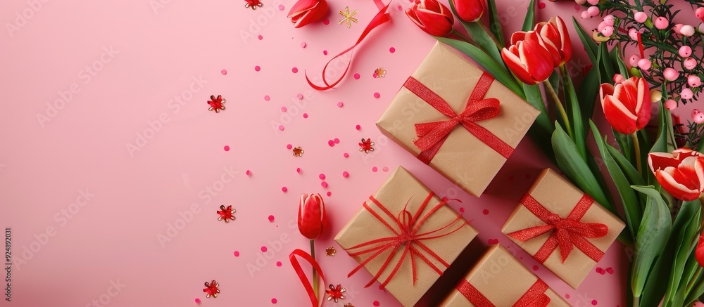 Poster top view of red tulip bouquet with gift boxes on a pink background featuring a central copy space im