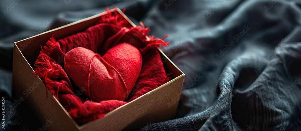 Poster A red heart is showcased in a box against a dark fabric backdrop creating a Valentine s day theme with another heart in a copy space image