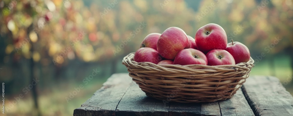 Poster wicker basket overflowing with apples in orchard setting