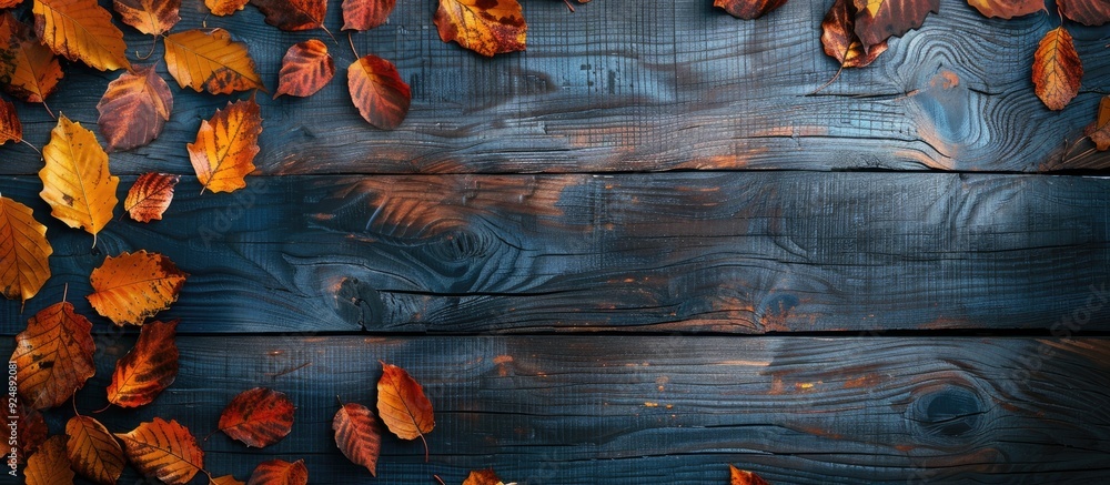 Sticker Top view of a vintage wooden table with a frame of autumn leaves on the left side providing a copy space image for your design or product display