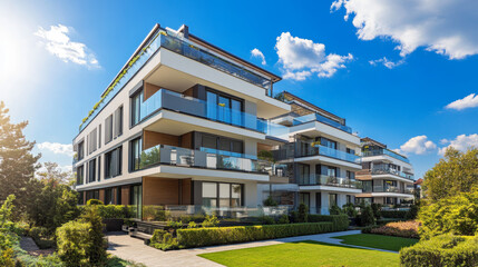 Fototapeta premium A contemporary apartment building set against a clear blue sky on a sunny day. The design features sleek lines and modern architectural elements, highlighting the building’s stylish and functional aes