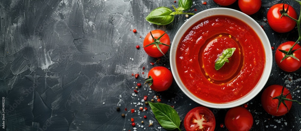 Aufkleber a white bowl filled with delicious fresh tomato sauce surrounded by tomatoes is displayed in the sce