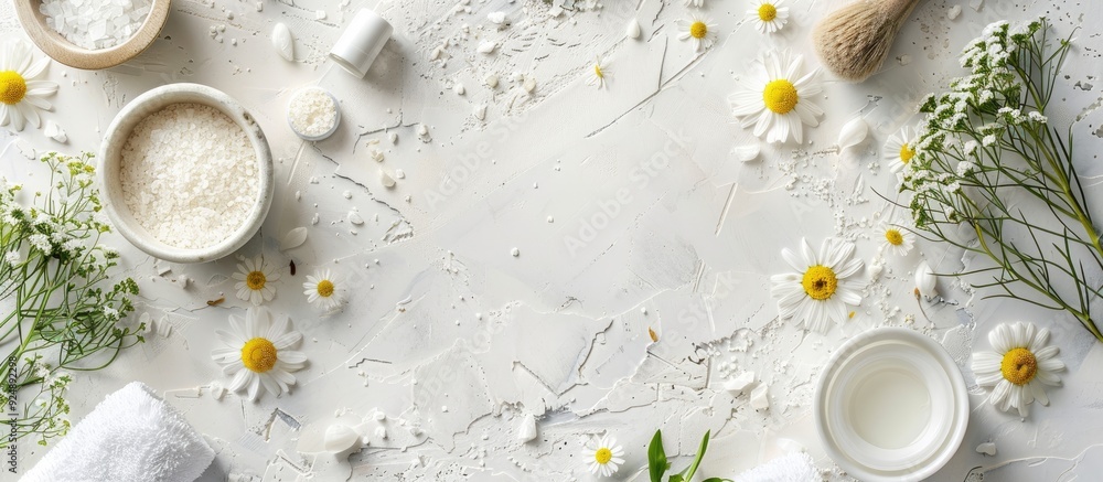 Poster relaxation promoted with a spa setup featuring chamomile elements on a white textured backdrop for b