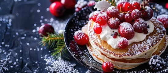 Festive winter breakfast or brunch option cranberry pancakes topped with vanilla cream and fresh berries perfect for Christmas or New Year s with space for image placement. Creative banner