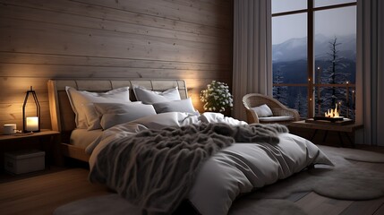 Fototapeta premium Comfortable mattress and bedding in a stylishly decorated bedroom