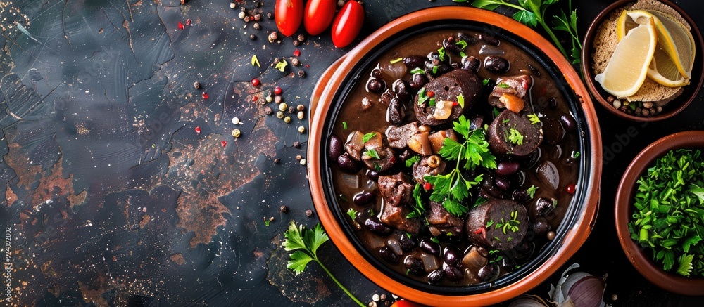 Aufkleber Top view of Feijoada a traditional Brazilian dish made with black beans pork and sausage with copy space image available for text or graphics