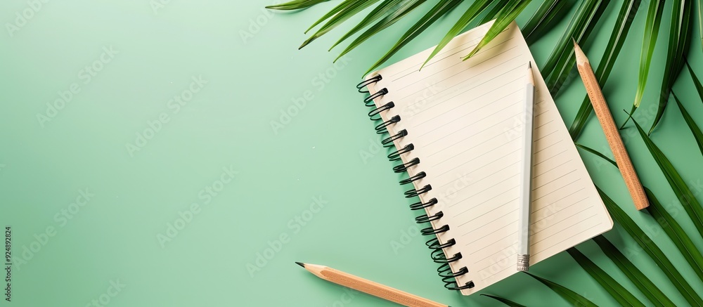 Aufkleber Minimalistic composition with palm leaves notebook and pencil on a colored background in a flat lay design with a creative idea Includes copy space image