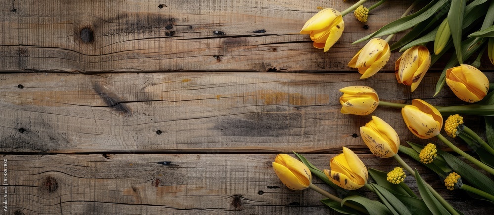 Poster A wooden backdrop with yellow tulips perfect for a copy space image Ideal for a springtime greeting or birthday card background