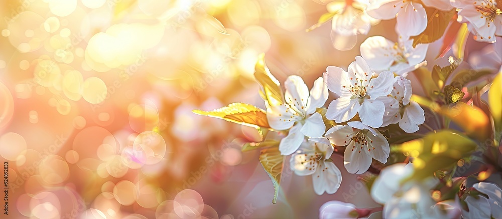 Poster background for spring showcasing spring flowers blossom in soft focus with sunlight a lovely nature 
