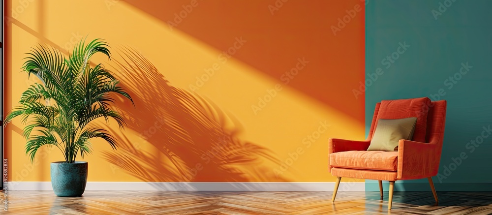 Poster furniture positioned next to a vibrant colored wall in a room with available copy space image
