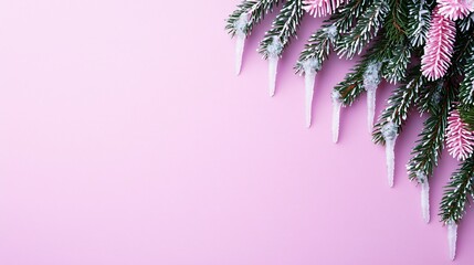 Icicles on a pastel purple background Christmas theme with snowy details and space for seasonal greetings