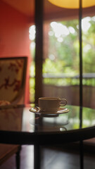 An atmospheric image capturing a white coffee cup on a glass table with bokeh and warm indoor lighting.