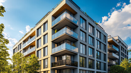 Fototapeta premium A contemporary apartment building set against a clear blue sky on a sunny day. The design features sleek lines and modern architectural elements, highlighting the building’s stylish and functional aes