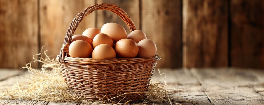 Wicker basket overflowing with farm fresh brown eggs