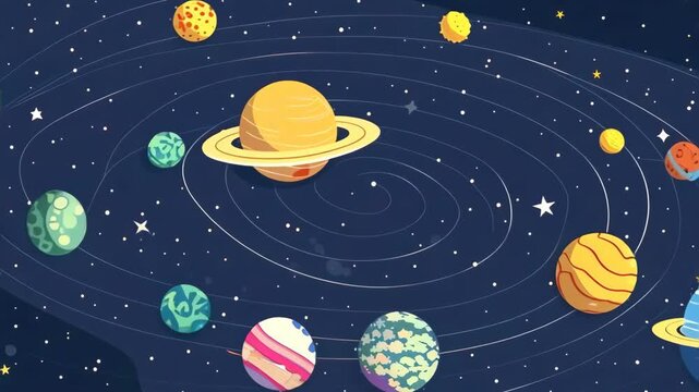 Vector flat illustration of the solar system with all planets and rings, in a cartoon style.