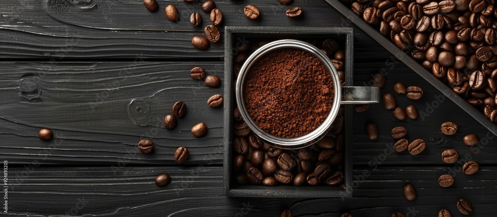 Poster top view of ground coffee in a portafilter for espresso set on a wooden tray surrounded by coffee be