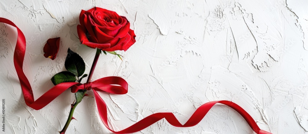 Aufkleber a red rose adorned with a ribbon and heart on a white backdrop creating a romantic holiday and valen