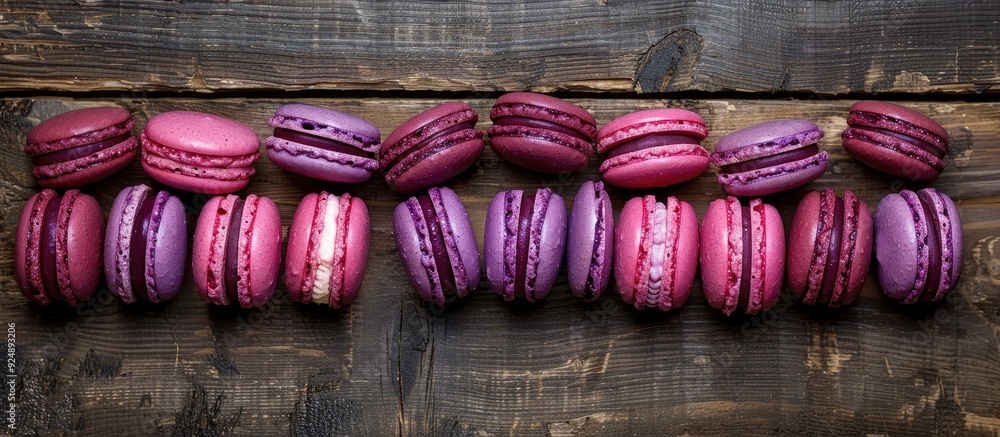 Aufkleber Purple and pink macaroons arranged on a vintage wooden dark background creating a decorative border in a top view flat lay setting with copy space image