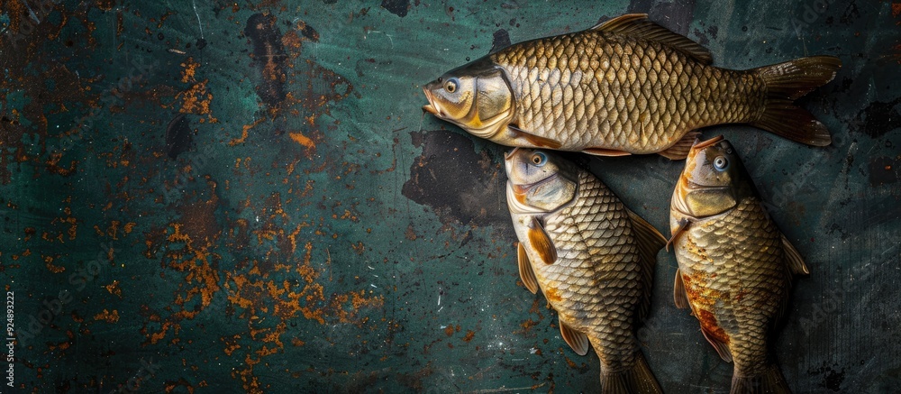 Poster a pair of freshly caught carp showcased on a stylish dark blue kitchen countertop in a horizontal to