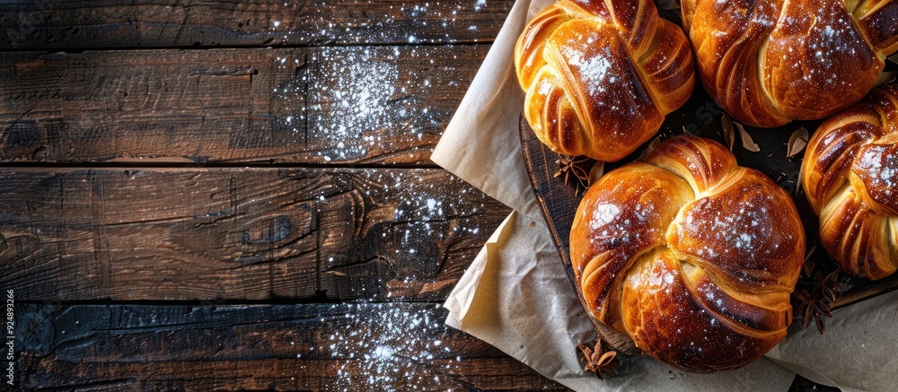 Aufkleber freshly baked sweet brioche pastry on a rustic table with a top view perfect for a delightful meal o