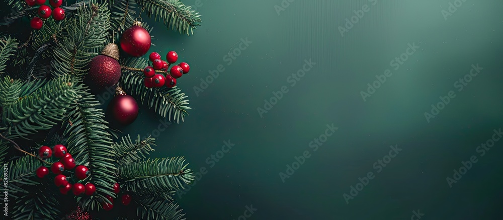Poster a festive christmas tree arrangement with red baubles seems to float against a green backdrop it s a