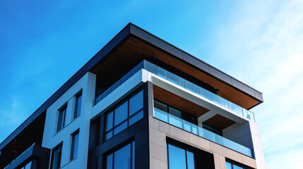 A contemporary apartment building set against a clear blue sky on a sunny day. The design features sleek lines and modern architectural elements, highlighting the building’s stylish and functional aes