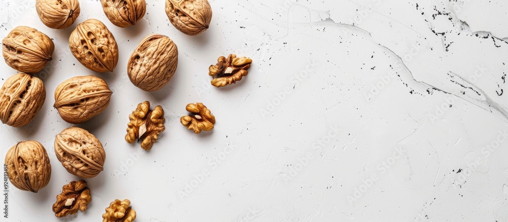 Poster Top down view of walnuts in shells on a white stone surface ideal for adding text to the image. Creative banner. Copyspace image
